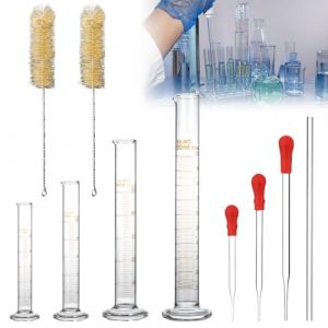 Lot de 10 cylindres gradués en verre épais avec 4 cylindres gradués 5 ml/10 ml/50 ml/100 ml, 3 pipettes en verre, 1 tige en verre, 2 brosses pour tube à essai pour laboratoire, nourriture, recherche, (RAMONISA SHOP, neuf)