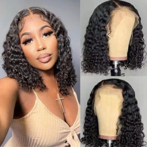 Perruque Bresilienne Cheveux Humain Naturelle Courte Deep Curly 13x4 Lace Frontal Wig Perruque Bouclée Perruque Femme Cheveux Humain Bob Wig Human Hair 14 Pouces (RuiBeiSai, neuf)