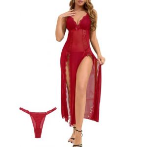 ohyeahlady Nuisette Rouge Femme Longue Sexy Dentelle Robe De Noel Femme Chic Longue Nuisette Romantique Rouge Grande Taille Tenue Mere Noel Sexy Chemise De Nuit Chic Ensemble(L,Rouge) (ohyeahlady, neuf)