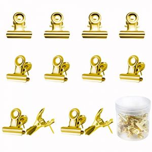 AIEX 30pcs Punaises avec Clips, Bulldog Clips Métal Punaises Punaise pour Tableau Liege pour Accessoires de Décoration en Liège Fournitures de Bureau Scolaires (Or) (Beisong, neuf)