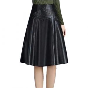 HEYDHSDC Jupe midi en cuir pour femme - Coupe trap&egrave;ze - Grande taille au-dessus du genou - Jupe pliss&eacute;e mi-longue - Taille haute - Automne et hiver, Noir , 40 (亦博小店, neuf)