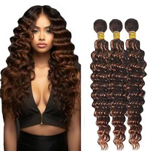AiPliantfis Brown Bundles Human Hair Bundles Deep Wave Tissage Cheveux Humain Tissage Bresilien en lot Tissage bouclé naturel Remy Hair P430 Human Hair Bundles for Black Woman 18 20 22 Pouce (GongBei Hair, neuf)