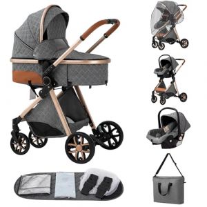 ALYIKOU-poussette 3 en 1，Combinaison pliable poussette 3 in 1，poussette bebe 0 a 3 ans Housse de pluie, sac Mommy, moustiquaire, accessoires de siège, adaptateur universel (LV9 Gris) (ALYIKOU BRAND, neuf)