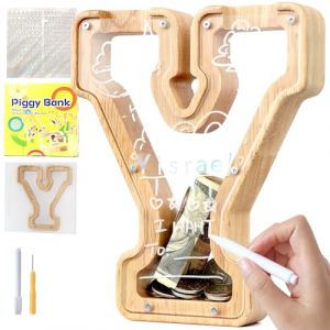 Lakpopya Tirelire en Bois pour Enfant Tirelire Cochon Personnalisée de Lettres A à Z Tirelire Billet Transparente Créative pour Cadeau Décoration Baptême pour Fille Garcon (Y) (Never fail, neuf)