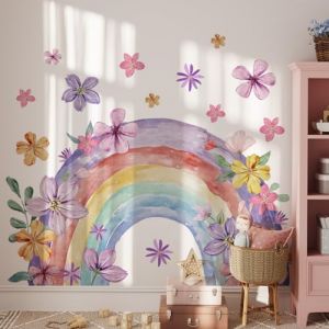 WandSticker4U®- Grand stickers muraux ARC-EN-CIEL pastel rose/violet (110x90 cm) I Autocollant mural chambre fille fleurs princesse aquarelle I Déco murale chambre bébé fille crèche DIY XXL (WandSticker4U®, neuf)