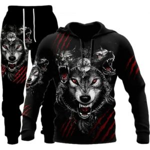 hiegi Ensemble de surv&ecirc;tement athl&eacute;tique pour homme 2 pi&egrave;ces 3D Lion Tigre Loup Ensemble de sweat-shirt d&eacute;contract&eacute; pour jogging Veste, XXL (FARUO, neuf)
