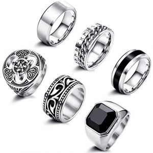 Adramata 6 Pcs Chevaliere Homme Bague Acier Inoxydable Noeud Celtique Bague Vintage Motard Gothique Bagus Homme Viking Bagues Argent Or Chevalières Bagues pour Homme (jjccui, neuf)