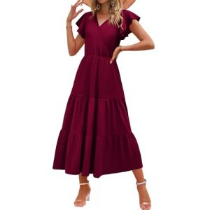 Zeagoo Robes Femme Ete Longue D&eacute;contract&eacute;e Robes Manches Courtes Taille Haute Tunique Robe Col V &Eacute;l&eacute;gante Maxi Dress Robe de Plage Rouge Vin M (Zeagoo direct, neuf)
