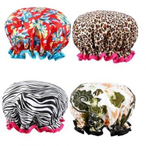 VALICLUD 4pi&egrave;ces Lot de Bonnets de Douche Imperm&eacute;ables &agrave; Double Couche &Eacute;lastiques et Motifs Vari&eacute;s pour Prot&eacute;ger les Cheveux L&eacute;opard Jaune Z&egrave;bre Fleur Rouge Fleur Beige (Cedongh, neuf)