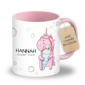 LOOXIS Mug personnalis&eacute;e pour enfants avec nom, texte et motif - 325ml, c&eacute;ramique, diff&eacute;rentes couleurs - Id&eacute;e cadeau gar&ccedil;on, fille, rentr&eacute;e scolaire, maternelle - Rose, licorne de cartable (LOOXIS, neuf)