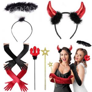 XIEXIESHER Deguisement Diable, 6pcs Ensemble Bandeau Cornes D'ange et de Diable, Déguisement ange et Demon, Cornes de Diable, Serre Tete Diable，Pour Festival Fête Carnaval Mascarade Halloween (Zhuoer-EU, neuf)