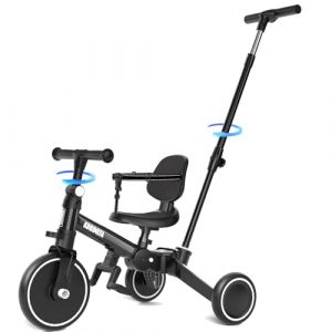 KORIMEFA V&eacute;lo d'&eacute;quilibre pour Enfants, Tricycle &agrave; 3 Roues pour Enfants de 1 &agrave; 3 Ans, poign&eacute;e de pouss&eacute;e, p&eacute;dale Amovible, Dossier, poign&eacute;e de Direction pour Les Parents, Premier Anniversaire (Noir) (KORIMEFA, neuf)