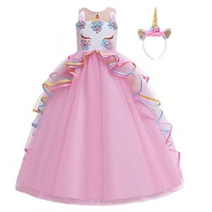 MYRISAM Princesse Fille Licorne D&eacute;guisement Robe de Anniversaire C&eacute;r&eacute;monie Soir&eacute;e Halloween Carnaval No&euml;l F&ecirc;te Spectacle Mariage Longue en Tulle Robes Bal avec Bandeau Rose 4-5 (MYRISAM store, neuf)