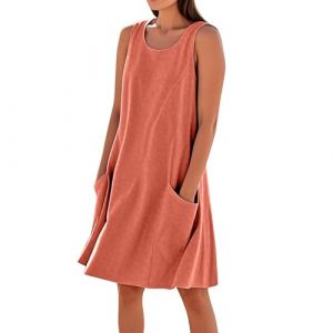 Robe Femme Chic Et Elegant Grande Taille D'&eacute;t&eacute; Robe Boheme Lin Courte sans Manches Vetement Femme Ete Coton Plage Col Rond Summer Dress Et Ventes Flash Vermillon 3XL (⭐⭐⭐⭐⭐DUIGUN（Livraison 5-14 jours）, neuf)