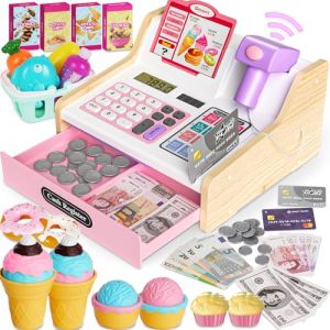 Caisse Enregistreuse Enfants Pour Enfants De 3 À 5 Ans, Caisse Enregistreuse Jouet En Bois Avec Scanner Et Sons, Marchande Pour Enfant Avec Argent Jouet/Pièces/Carte Bancaire/Panier/Accessoires (Rosa) (wrzj, neuf)