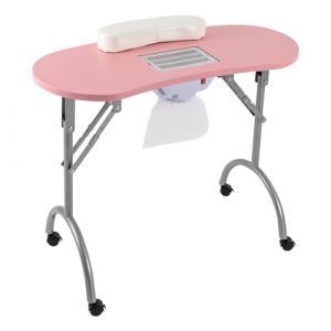 Table de manucure pliable avec aspiration, 98 x 40 x 72,5 cm, table de manucure pour salon de manucure, mobile, avec sac d'aspirateur et coussinet de poignet, rose (SailorMonn, neuf)