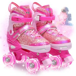 OLYSPM Roller Enfant Fille,Empeigne Fluorescente,4 Taille R&eacute;glable,Patin a Roulette Fille avec 8 Roues Lumineuses et Sac de Rangement pour Enfants, Adolescents,D&eacute;butants(Rose) (Glohamoras O&Uuml;, neuf)