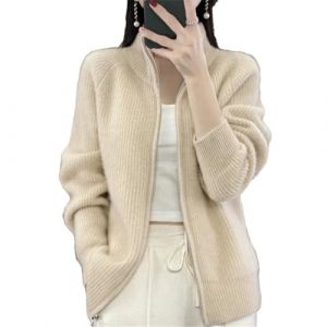 Pegsmio Cardigan &agrave; fermeture &eacute;clair en laine m&eacute;rinos pour femme - Automne et hiver - Manches longues - D&eacute;contract&eacute; - En cachemire, beige, M (jianying store, neuf)