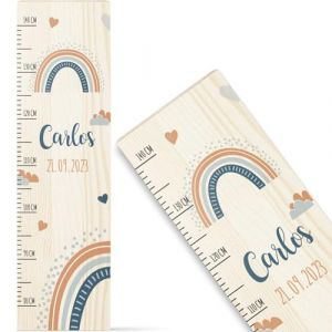 GRAVURZEILE Toise pour enfant en bois - Design bleu arc-en-ciel - Avec nom pour chambre d'enfant - Échelle de 80 à 140 cm - Dimensions : 20 x 70 x 2 cm - Cadeau de naissance pour filles et garçons (GRAVURZEILE, neuf)