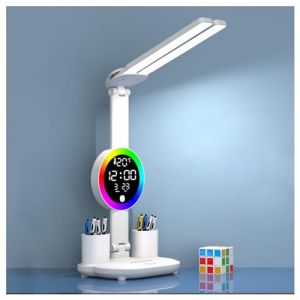 Lampe de bureau pour enfant sans fil avec horloge - LED à intensité variable - 3200 mAh - Porte-stylo - Écran LCD - Calendrier - Température - 3 couleurs de lumière - Lampe de bureau pour filles et (LIGHTING MAX, neuf)