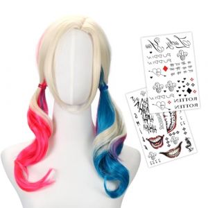 Augesak Perruque de Quinn Cosplay, Perruque Rose et Bleue, Perruque &agrave; Double Queue avec Tatouages, Accessoire de D&eacute;guisement Quinn Femme Filles Perruque pour Halloween Carnaval Cosplay F&ecirc;te (JINGMINGHE, neuf)