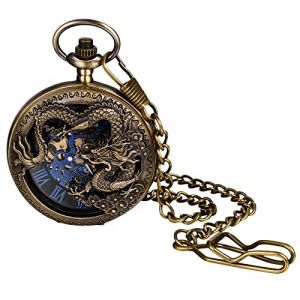 JewelryWe Montre &agrave; Gousset Homme M&eacute;canique,Montres de Poche &agrave; Quartz Vintage Bronze,Montre Gousset Dragon Homme R&eacute;tro Automatique avec Chiffres Romains pour D&eacute;guisement et Costume,1 ATM Etanche (JewelryWe Bijoux, neuf)