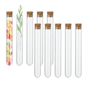 10 Pcs Tube Plastique Transparent, Tube à Essai Plastique avec Bouchon en Liège, Contenant à Dragées, Bonbons, Fleurs et Épice, pour Cadeau de Mariage Bonbons Epice Plante (16 × 150mm) (ROYALGURU OÜ, neuf)