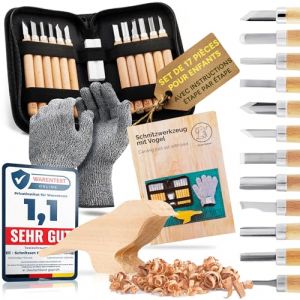 Eli&reg; Set de sculpture pour enfants avec gants, sac et pierre &agrave; aiguiser &ndash; 12 outils de qualit&eacute; &ndash; couteau avec pierre &agrave; aiguiser &ndash; pour gar&ccedil;ons et filles (Sac avec &eacute;bauche en bois) (Eli der Elefant, neuf)
