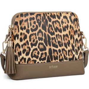 BITUOR Sac à bandoulière imprimé léopard, 23 x 18 x 8 cm, bordure en cuir noir, accents de pompons, bandoulière réglable, Kaki léopard., free (Guangzhoushitaichenmaoyiyouxiangongsi, neuf)