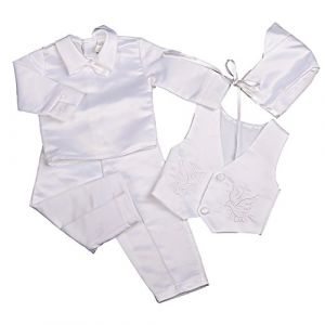 Lito Angels Vetement Tenue de Bapteme en Satin pour Bebe Garcon, Ensemble Costume Blanc 4 Pieces avec Bonnet, Manches Longues, Taille 0-3 Mois (Lito Angels FR, neuf)