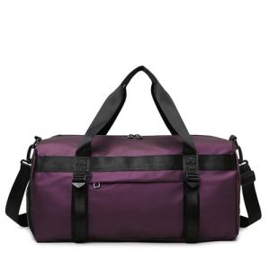 Vllcsla Sac de Sport Grande Capacité de Yoga, 50x25x25 cm, avec Poche Humide, Compartiment Chaussures, Sacs de Sport Homme Femme Gym Duffel Bag, Sac de Voyage Weekend Rond Léger, Hydrofuge, Pourpre (Eco Memos, neuf)