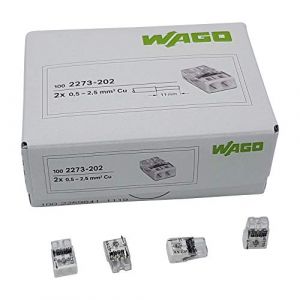 100 pièces Wago 2273-202 Boîte de jonction COMPACT Ø 0,5-2,5 mm², 2 pôles, Aluminium, transparent/blanc (ShopElec, neuf)