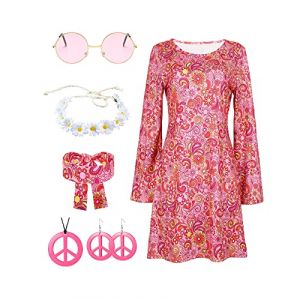 Deguisement Hippie Femme Adulte Annee 70 Année 60 Robe Disco Femme Déguisement Hippie Costume Année 70 Tenue Disco Femme Collier Peace and Love Hippie Lunettes Annees 70 Vetement Accessoire XXL (ATOWORLD, neuf)