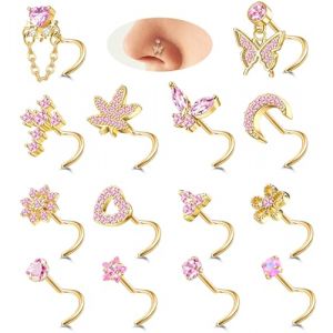 Milacolato 14PièCes 20G Piercing Nez Or pour Femme Acier Inoxydable avec CZ en Forme de L et en Spirale Anneaux de Nez de Argent Coeur Papillons Clous de Nez Bijoux Piercing pour Femme Or S (qingtxc, neuf)