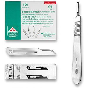 Set avec 100 x lames de scalpel N° 15 - Lame stérile en acier au carbone et 1 x May - manche de scalpel Figure N° 3 en acier inoxydable (Instruments en acier inoxydable de marque May, neuf)