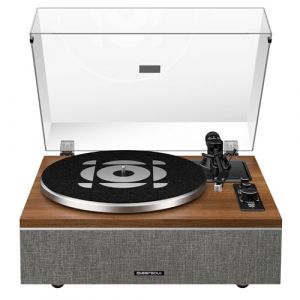 Platine Vinyle Qlearsoul One-S Tout-en-Un avec Haut-parleurs Intégrés DSP, Tourne-Disque Vintage Bluetooth Entrée/Sortie, Préampli Phono, Cellule AT-3600L, 33/45 Tours (Noyer) (Qlearsoul Audio, neuf)