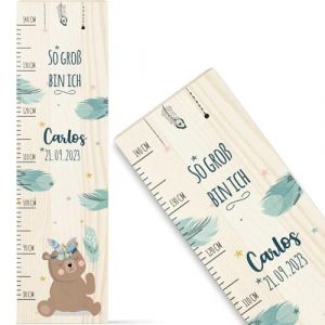 GRAVURZEILE Toise en bois pour enfant - Design Teddy bleu - Avec nom pour chambre d'enfant - Échelle de 80 à 140 cm - Dimensions : 20 x 70 x 2 cm - Cadeau de naissance pour filles et garçons (GRAVURZEILE, neuf)