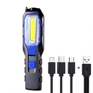 Baladeuse LED Rechargeable, Lampe de Travail Portable LED Rechargeable Puissante Lampe Aimantée USB 2800mAh Batterie COB, Crochet et câble de Chargement 3 en 1 (elorlay, neuf)
