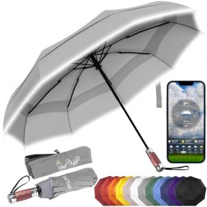 Royal Walk Parapluie de poche, résistant aux tempêtes, automatique, coupe-vent, double toit, petit et stable, réfléchissant, avec poignée en bois véritable de luxe, pour homme et femme, gris, L, (Primazоn, neuf)