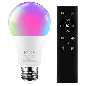 AILEMING Ampoule LED E27 avec t&eacute;l&eacute;commande 2,4 GHz ampoule intelligente RGBCW 12w &agrave; changement de couleur pour luminaire 1000lm dimmable 3000-6500k 1 ampoule et t&eacute;l&eacute;commande (UKZSM, neuf)