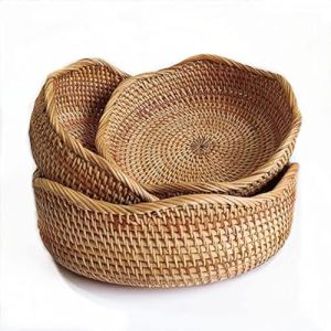 Panier de Rangement Rond en Rotin, Corbeille de Fruits en Osier, Organisateur Tressé Naturel pour Cuisine/Salle à Manger (Vague) (YANGQIHOME, neuf)