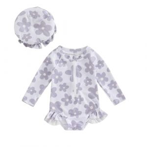 Carolilly Maillot de Bain Une Pièce Bébé Fille à Volant Imprimé Floral, Maillot de Bain Anti-UV à Manches Longues avec Chapeau (6 Mois à 3 Ans) (Gris, 9-12 Months) (La Vie Brillante, neuf)