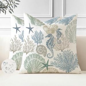 Miuyunya Lot de 2 Beige Housse Coussin Exterieur Impermeable 45 x 45 cm Océan Housse de Coussin en Polyester D'étoile de Mer Coquille Coussin Decoratif Canape pour Patio Jardin Ferme Printemps Été (Miuyunya, neuf)