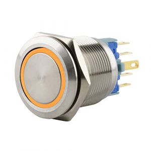 SeKi Bouton poussoir en acier inoxydable - Diamètre : 22 mm - Forme de tête plate - Anneau LED coloré - Œillets à souder jaunes - Connecteur 0,5 x 2,8 mm - Bouton de sonnette (ST-Vertrieb, neuf)