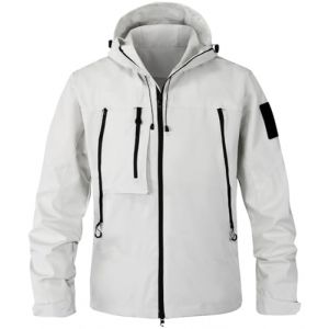 WINKEEY Veste Homme Imperm&eacute;able avec Capuche Coupe-Vent L&eacute;ger Manteau Pluie pour Randonn&eacute; Camping P&ecirc;che, Blanc XL (WINKEEY, neuf)