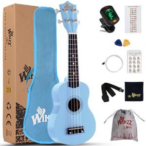 Winzz Ukulélé Soprano Kit de Démarrage pour Débutants avec Étui Souple Accordeur Amovible Cordes Supplémentaires Sangle Plectre Autocollants de Frette Carte d’accords Tissu de Polissage Bleu (AILEEN Music, neuf)