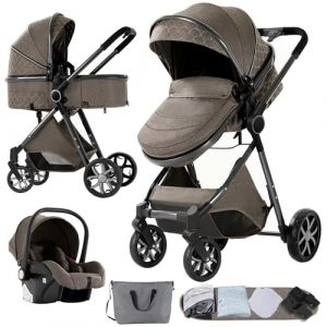 Nine point nine Poussette 3 en 1, Poussette Bebe avec Double Modes de Poussée Réversibles, Poussette Canne avec Grande Nacelle Confortable, Pousette avec Cadre Aluminium Haute Paysage (V9 Chocolate) (Kaiwen baby products, neuf)
