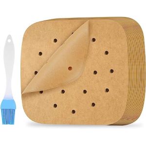 200 Pièces Papier Sulfurisé Air Fryer, Perforé Papier Cuisson Air Fryer 20x 20cm, Carré Papier à Vapeur avec Brosse de Cuisine en Silicone, Jetable Antiadhésive Sans Huile Parchemin Accessoires (RAIN ELEPHANT LIMITED, neuf)