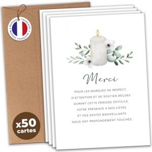 aliceandberry Cartes Remerciement Deuil Décès Obsèques Enterrement - Lot 25/50/75 + Enveloppes - Papier 400g - Design Sobre Élégant Fleurs Bougie Étoile - Marque Française (Lot de 50, Bougie) (Aliceandberry, neuf)