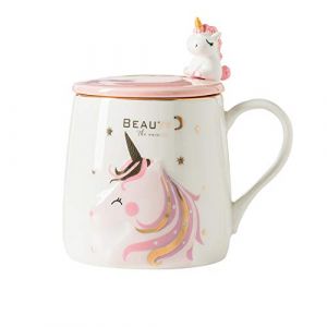 Mug Licorne Mignonne tasse de caf&eacute; en c&eacute;ramique avec une belle cuill&egrave;re de licorne, Coupe du matin Caf&eacute; de nouveaut&eacute; th&eacute; Lait Tasse de no&euml;l Cadeau pour les filles Amoureux de la licorne 380ML (MengCat, neuf)